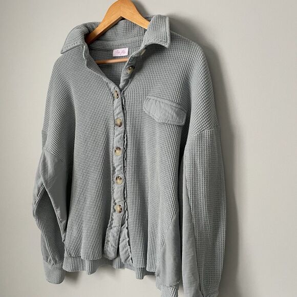 Pink Lily Women's Blue Cropped Waffle Button Up Top Relaxed Fit Women's Size XL - Picture 3 of 8